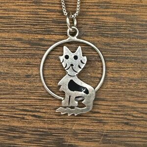Vintage Sterling Silver 925 Mexico Taxco? Onyx Charming Cat Necklace W/Chain